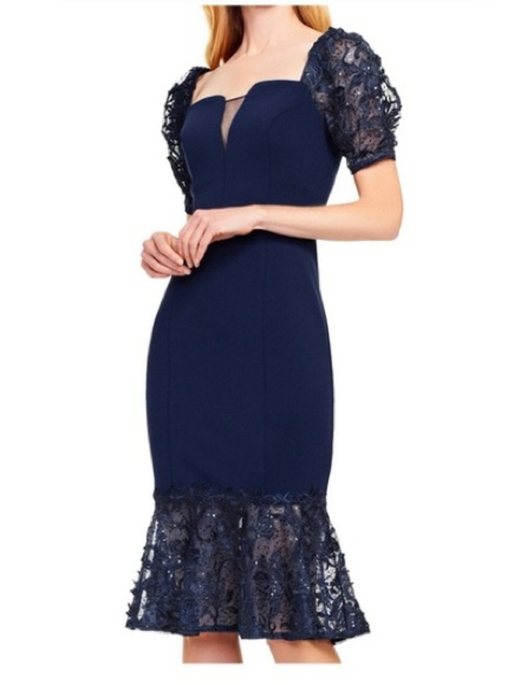 NWT Aiden Mattox Cocktail Dress w Lace in Navy Blue 12 Mermaid Hem Sequins $350